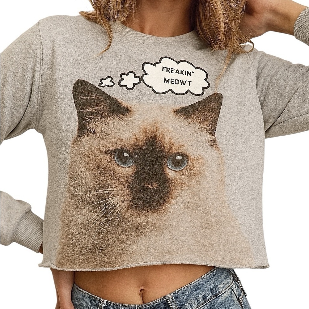 Topshop 6 Small Gray Cropped Siamese Cat Sweatshirt Casual